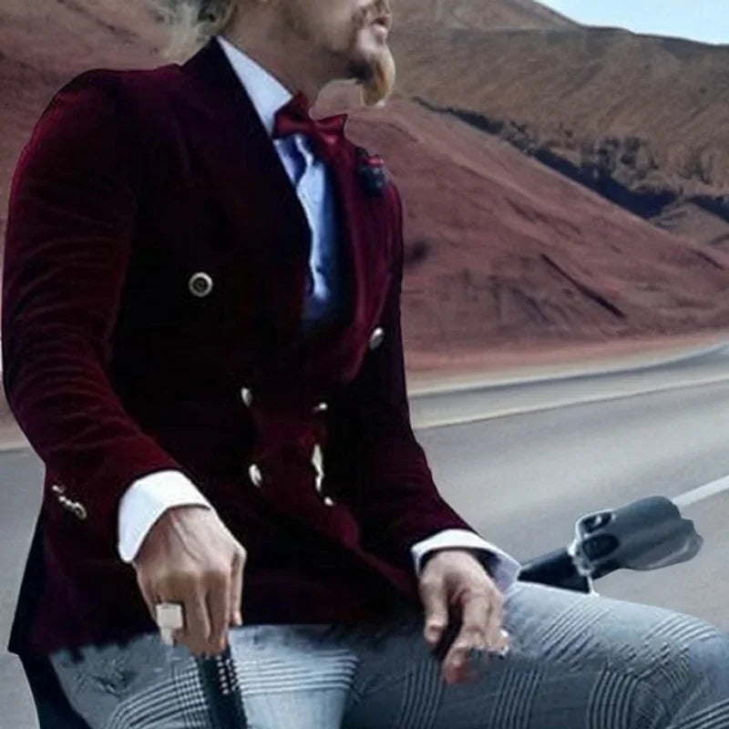 Burgundy Velvet Smoking Jacket for Men Slim Fit Double Breasted Casual Suit Blazer 1 Pcs Groom's Fashion Coat 2024 VELORIA - Thread of Generations