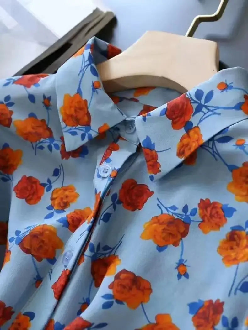 Lapel Long-sleeved Rose Print Versatile Shirt Regular Sleeve Button Splicing Elegant Cardigan VELORIA - Thread of Generations