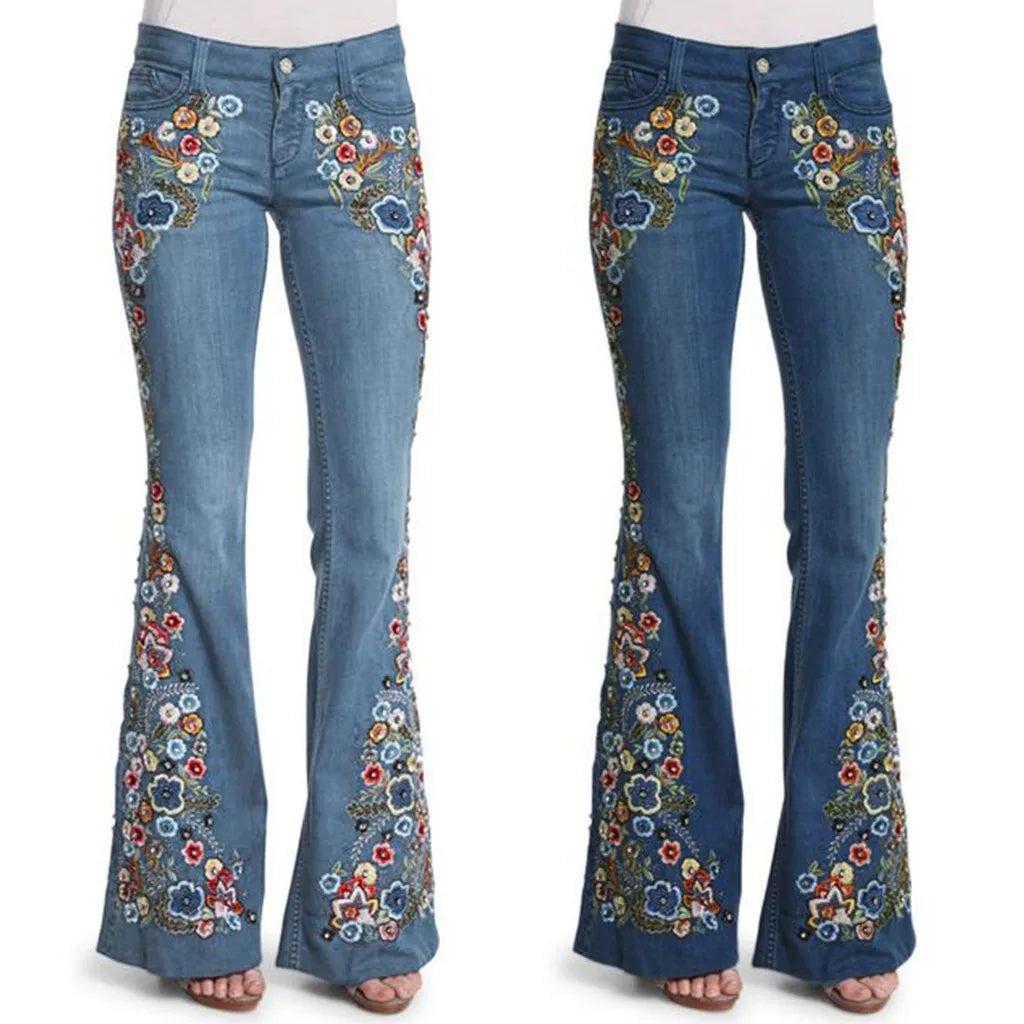 Women Retro Floral Embroidered Denim Flare Pants Distressed Straight Plus Size Trousers Elegant Women Palazzo Wide Leg Jeans VELORIA - Thread of Generations