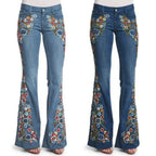 Women Retro Floral Embroidered Denim Flare Pants Distressed Straight Plus Size Trousers Elegant Women Palazzo Wide Leg Jeans VELORIA - Thread of Generations
