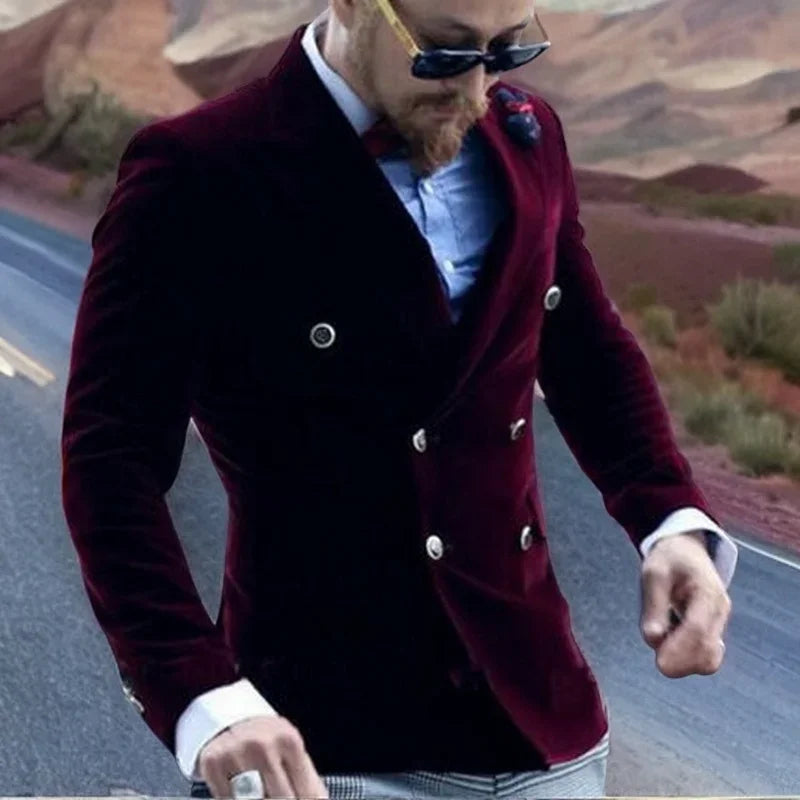Burgundy Velvet Smoking Jacket for Men Slim Fit Double Breasted Casual Suit Blazer 1 Pcs Groom's Fashion Coat 2024 VELORIA - Thread of Generations