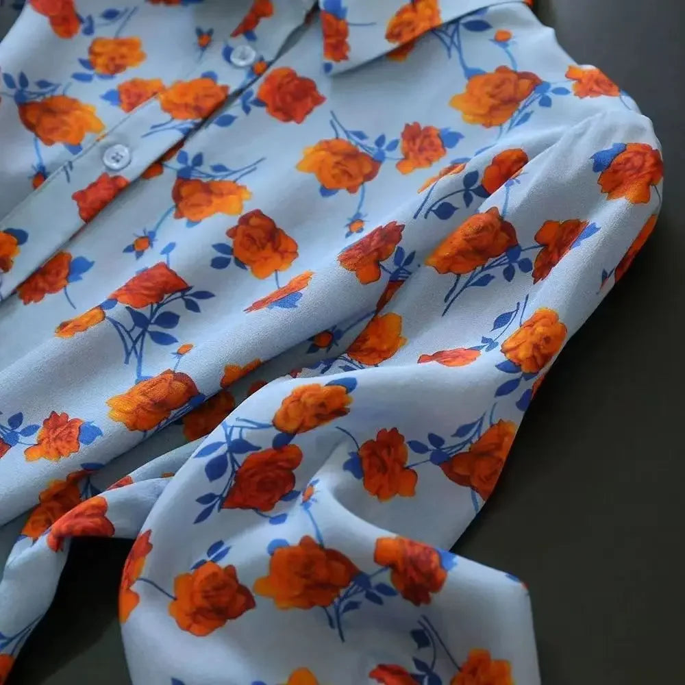 Lapel Long-sleeved Rose Print Versatile Shirt Regular Sleeve Button Splicing Elegant Cardigan VELORIA - Thread of Generations
