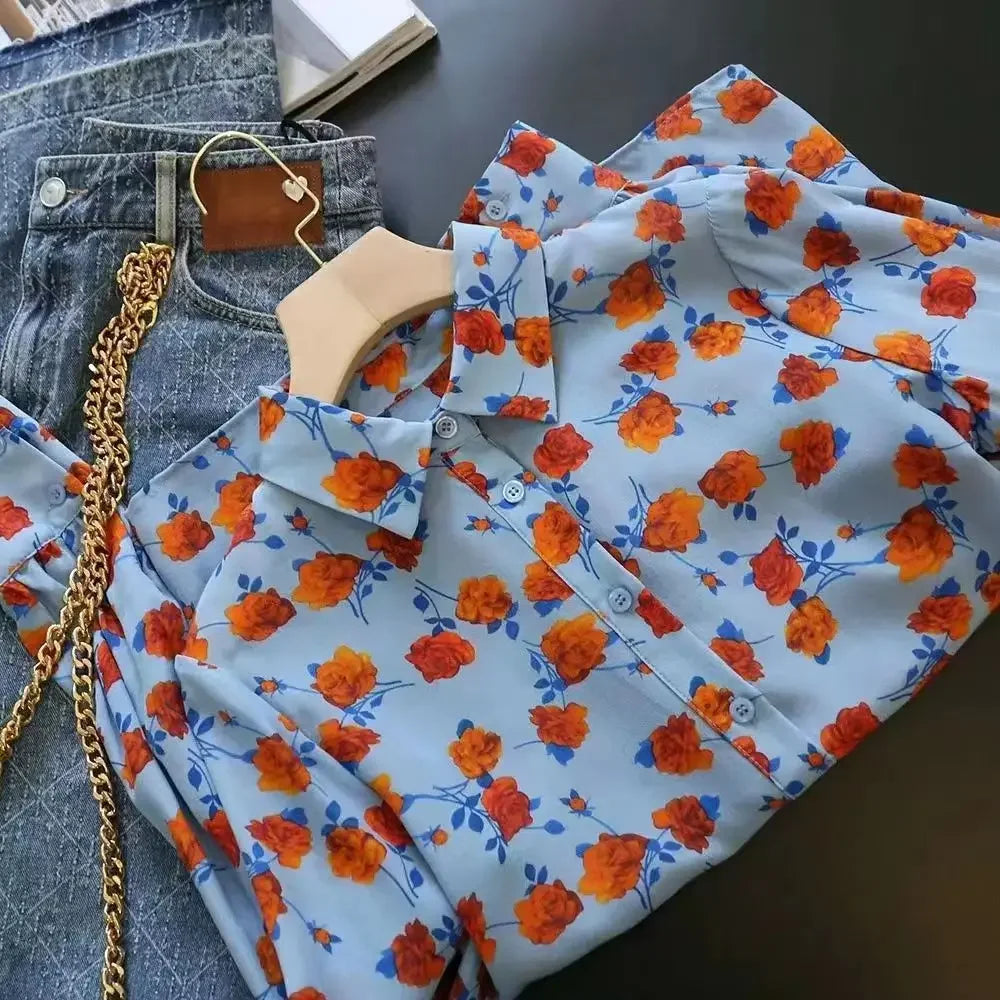 Lapel Long-sleeved Rose Print Versatile Shirt Regular Sleeve Button Splicing Elegant Cardigan VELORIA - Thread of Generations