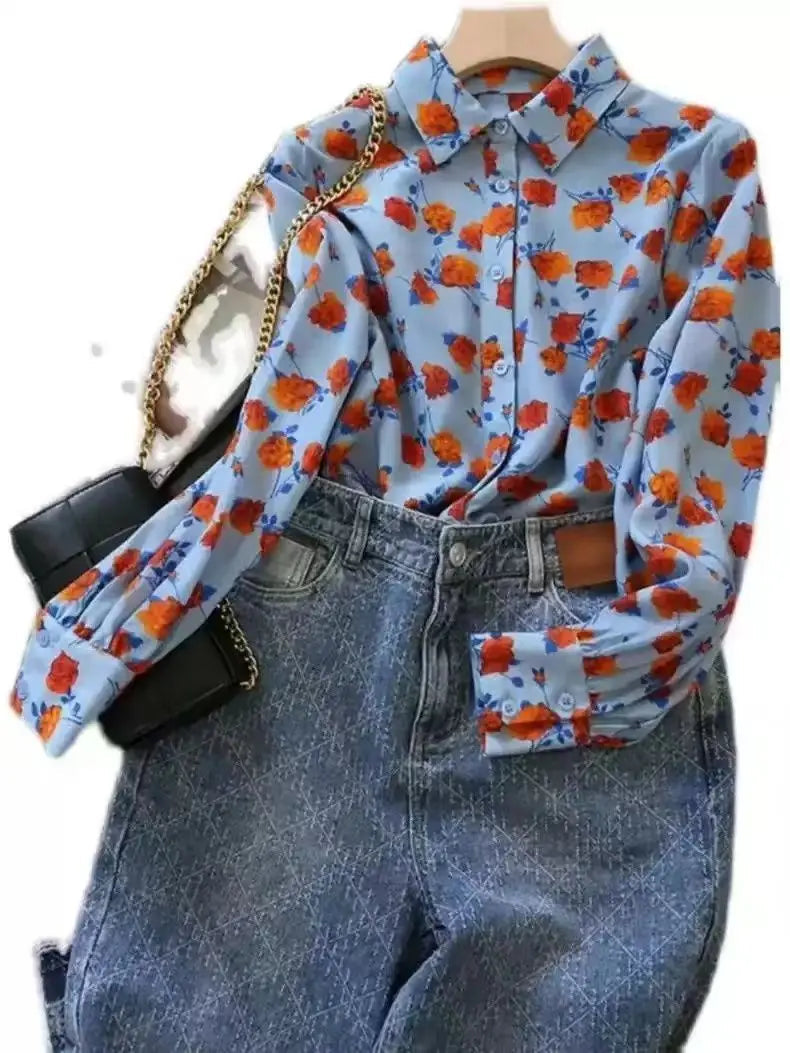 Lapel Long-sleeved Rose Print Versatile Shirt Regular Sleeve Button Splicing Elegant Cardigan VELORIA - Thread of Generations