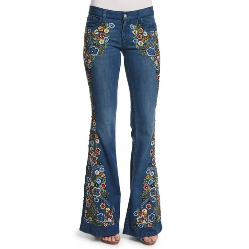 Women Retro Floral Embroidered Denim Flare Pants Distressed Straight Plus Size Trousers Elegant Women Palazzo Wide Leg Jeans VELORIA - Thread of Generations