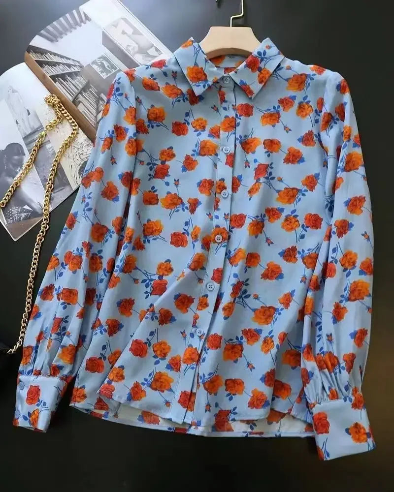 Lapel Long-sleeved Rose Print Versatile Shirt Regular Sleeve Button Splicing Elegant Cardigan VELORIA - Thread of Generations