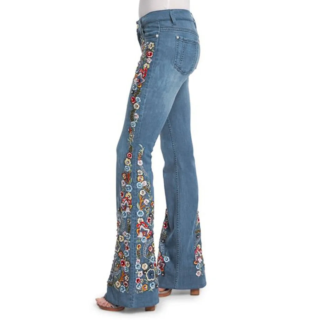 Women Retro Floral Embroidered Denim Flare Pants Distressed Straight Plus Size Trousers Elegant Women Palazzo Wide Leg Jeans VELORIA - Thread of Generations