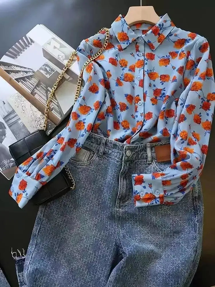 Lapel Long-sleeved Rose Print Versatile Shirt Regular Sleeve Button Splicing Elegant Cardigan VELORIA - Thread of Generations