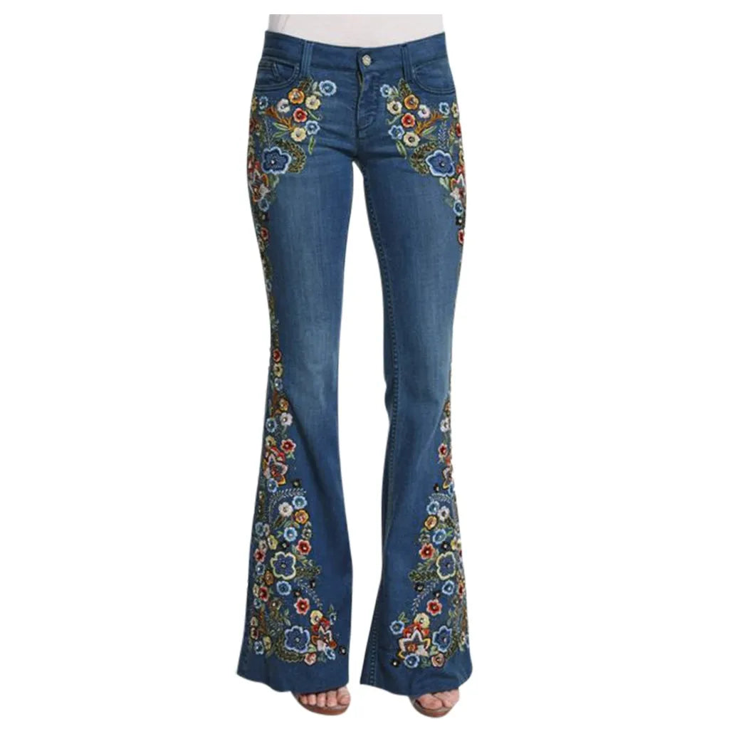 Women Retro Floral Embroidered Denim Flare Pants Distressed Straight Plus Size Trousers Elegant Women Palazzo Wide Leg Jeans VELORIA - Thread of Generations