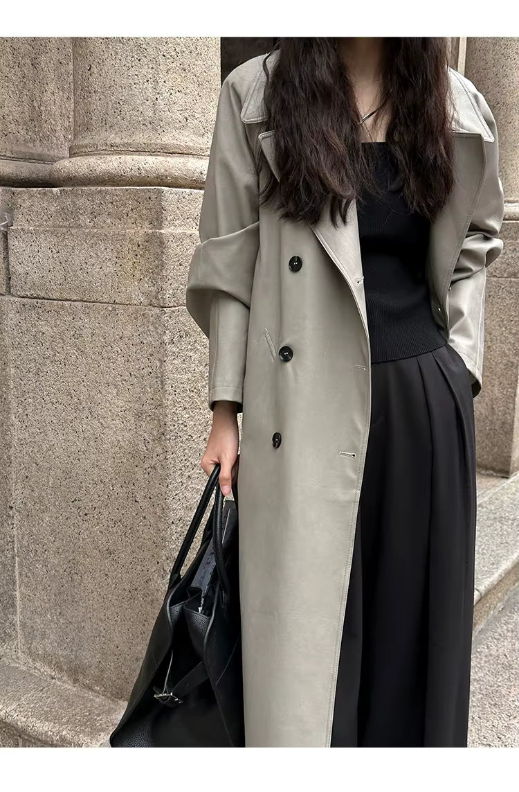 Fashion Women's PU Leather Trench Belt Long Sleeves Double Breasted Pockets Casual Coats eprolo