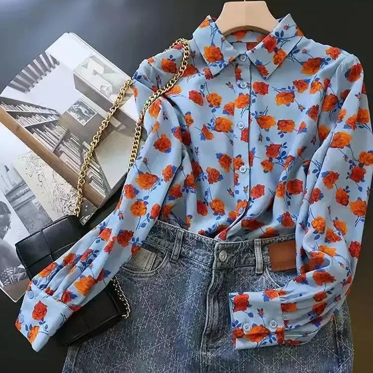 Lapel Long-sleeved Rose Print Versatile Shirt Regular Sleeve Button Splicing Elegant Cardigan VELORIA - Thread of Generations