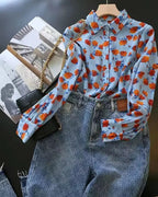 Lapel Long-sleeved Rose Print Versatile Shirt Regular Sleeve Button Splicing Elegant Cardigan VELORIA - Thread of Generations