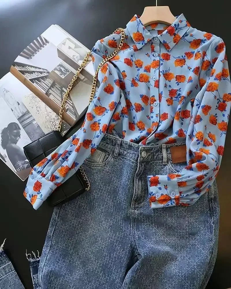 Lapel Long-sleeved Rose Print Versatile Shirt Regular Sleeve Button Splicing Elegant Cardigan VELORIA - Thread of Generations