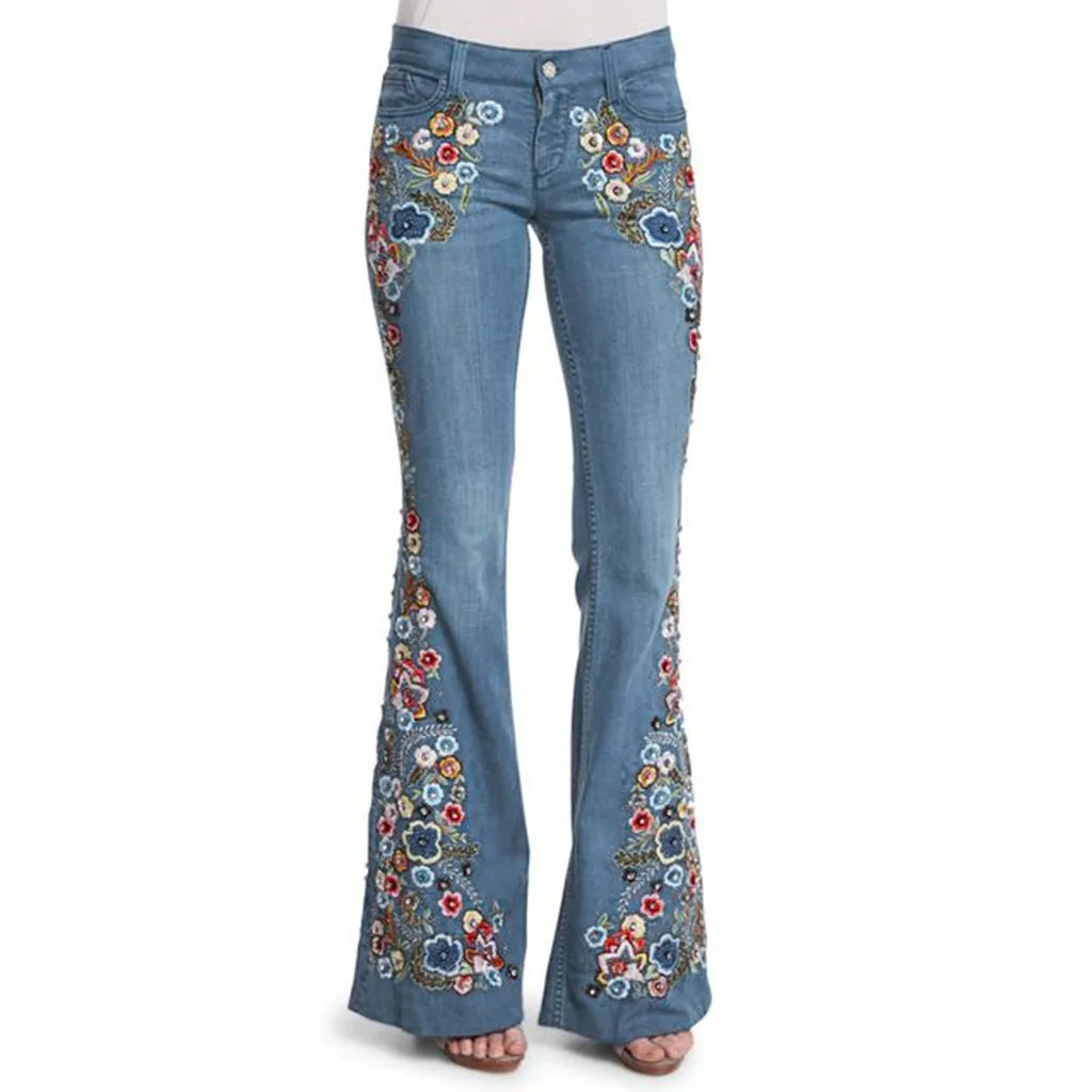 Women Retro Floral Embroidered Denim Flare Pants Distressed Straight Plus Size Trousers Elegant Women Palazzo Wide Leg Jeans VELORIA - Thread of Generations