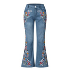 Women Retro Floral Embroidered Denim Flare Pants Distressed Straight Plus Size Trousers Elegant Women Palazzo Wide Leg Jeans VELORIA - Thread of Generations