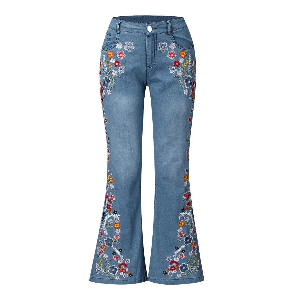 Women Retro Floral Embroidered Denim Flare Pants Distressed Straight Plus Size Trousers Elegant Women Palazzo Wide Leg Jeans VELORIA - Thread of Generations