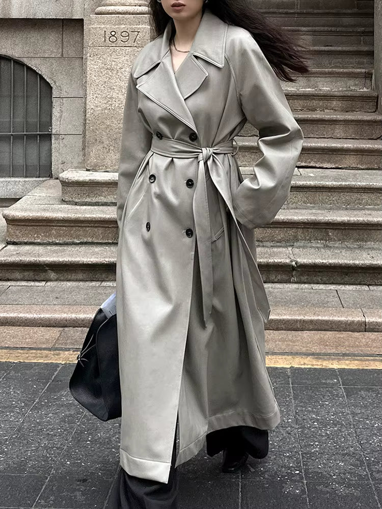 Fashion Women's PU Leather Trench Belt Long Sleeves Double Breasted Pockets Casual Coats eprolo