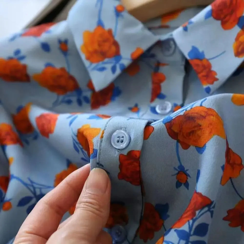Lapel Long-sleeved Rose Print Versatile Shirt Regular Sleeve Button Splicing Elegant Cardigan VELORIA - Thread of Generations