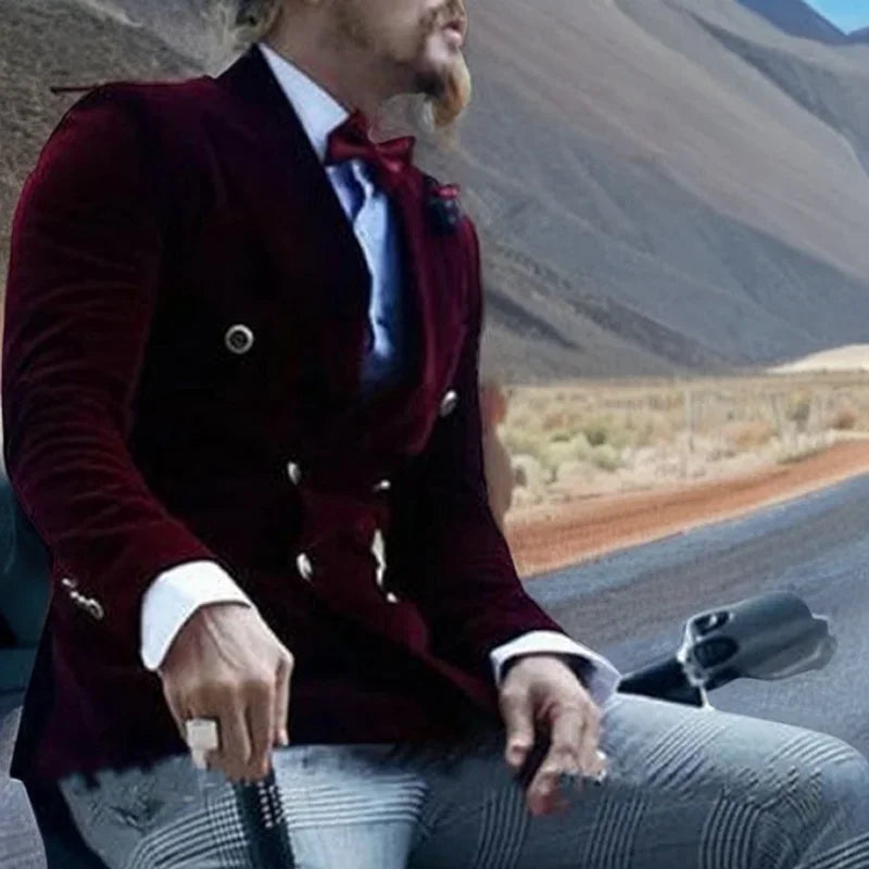 Burgundy Velvet Smoking Jacket for Men Slim Fit Double Breasted Casual Suit Blazer 1 Pcs Groom's Fashion Coat 2024 VELORIA - Thread of Generations