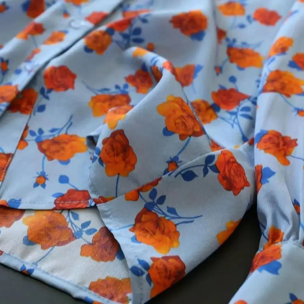 Lapel Long-sleeved Rose Print Versatile Shirt Regular Sleeve Button Splicing Elegant Cardigan VELORIA - Thread of Generations