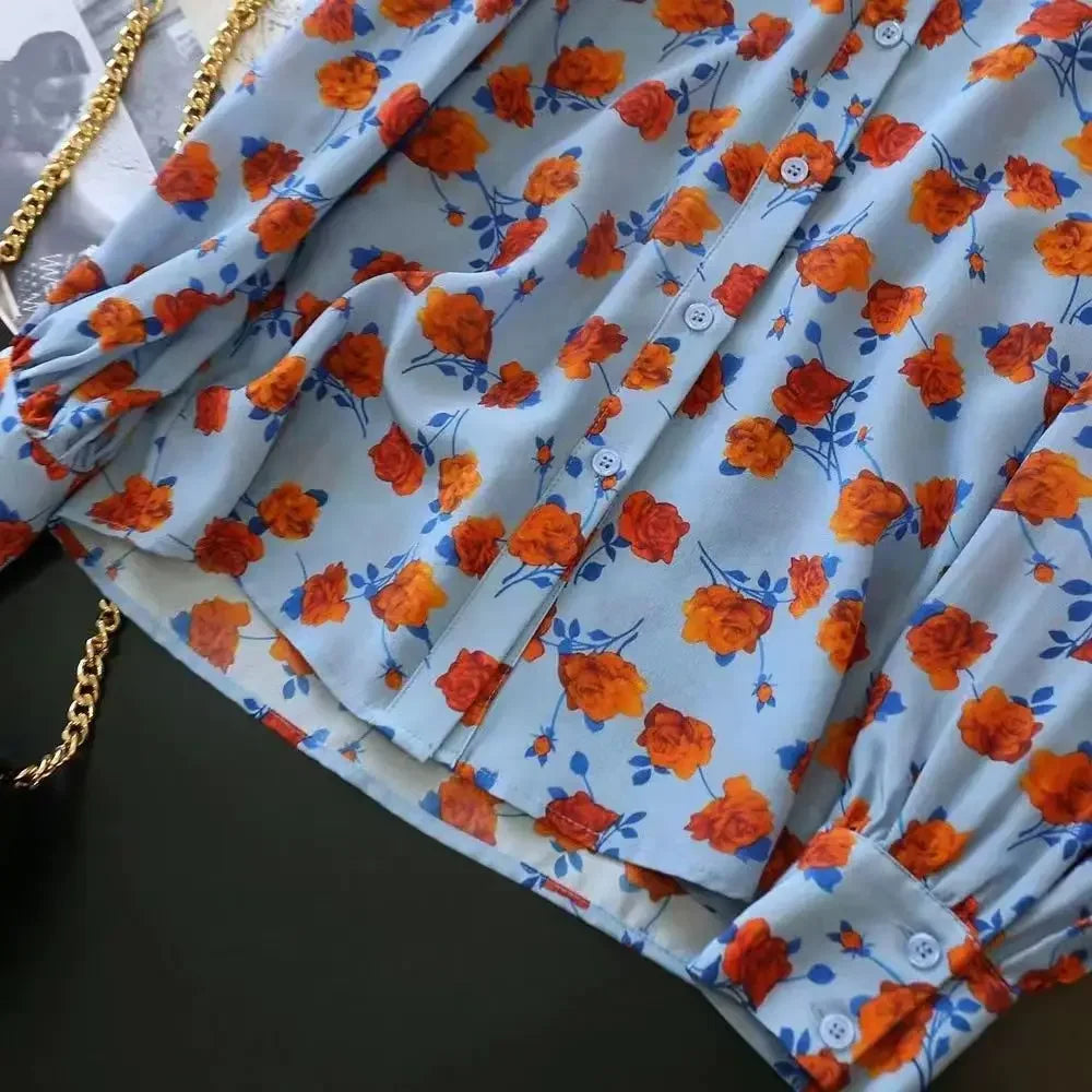 Lapel Long-sleeved Rose Print Versatile Shirt Regular Sleeve Button Splicing Elegant Cardigan VELORIA - Thread of Generations