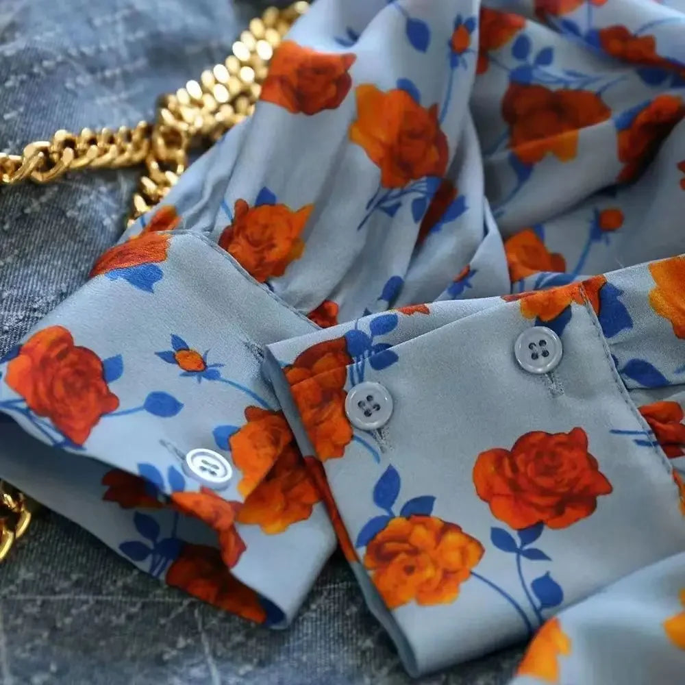 Lapel Long-sleeved Rose Print Versatile Shirt Regular Sleeve Button Splicing Elegant Cardigan VELORIA - Thread of Generations
