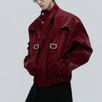 Scale Short Jacket Stand Collar Horse Hair Stitching Heavy Design Leather Coat Scale Short Jacket Stand Collar Horse Hair Stitching Heavy Design Leather Coat LittleYogaSocks