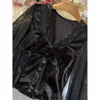 Women's Gothic Velvet Top, V Neck Lace Patchwork Long Sleeve Shirt VELORIA - Thread of Generations