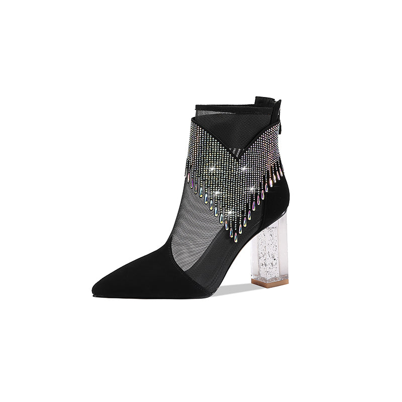 Black ankle boot with rhinestone detailing on a white background