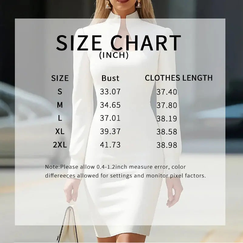White dress with size chart indicating bust and clothes length measurements.