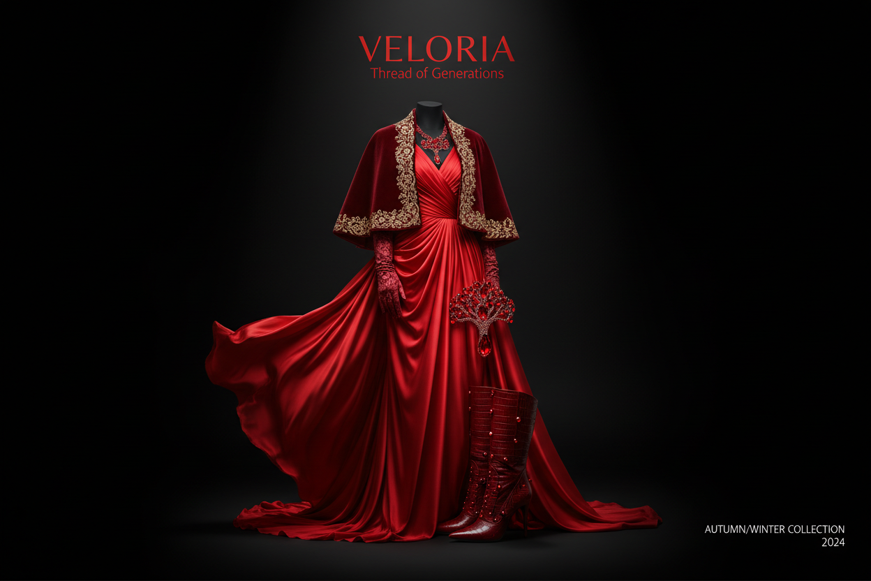 An editorial collection banner image for a luxury online fashion store called "VELORIA-Thread of Generations" (Black background with gorgeous red combination) 