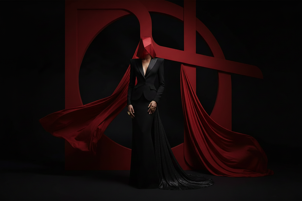 An editorial collection banner image "The statement Edit" for a luxury online fashion store called "VELORIA-Thread of Generations" (Black background with gorgeous red combination) 