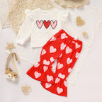 Toddler Girl's Heart Print 2-Piece Set, Crewneck Long Sleeve Ruffle Top & Flare Leg Pants VELORIA - Thread of Generations