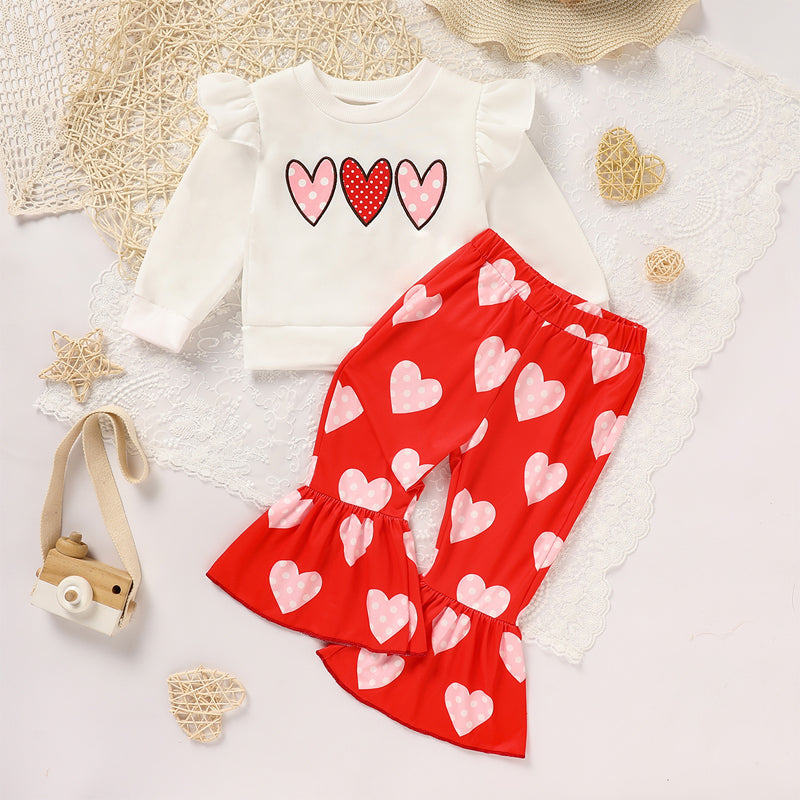 Toddler Girl's Heart Print 2-Piece Set, Crewneck Long Sleeve Ruffle Top & Flare Leg Pants VELORIA - Thread of Generations