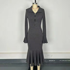 Women's Half Zip Bodycon Dress - Flared Sleeve & Fishtail Hem Long Sleeve Dress VELORIA - Thread of Generations