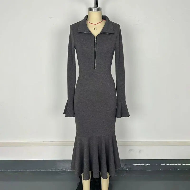 Women's Half Zip Bodycon Dress - Flared Sleeve & Fishtail Hem Long Sleeve Dress VELORIA - Thread of Generations