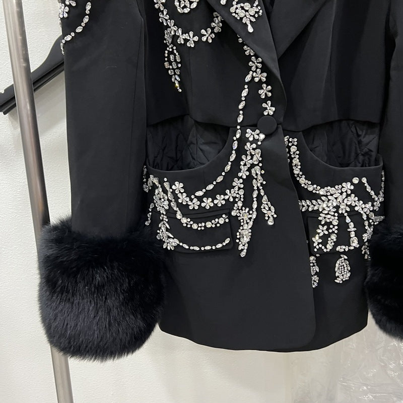 European And American Suit Jacket Women's Fox Fur Fur Diamond Studded By Hand Plus Cotton Coat LittleYogaSocks