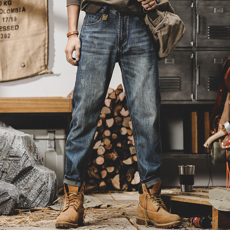American Retro Classic-inspired men's jeans with a modern fit and durable construction. The rich indigo wash and quality denim hold their shape through everyday wear, making them a versatile wardrobe essential. LittleYogaSocks