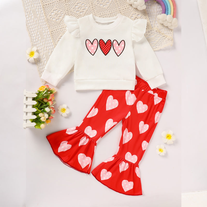 Toddler Girl's Heart Print 2-Piece Set, Crewneck Long Sleeve Ruffle Top & Flare Leg Pants VELORIA - Thread of Generations