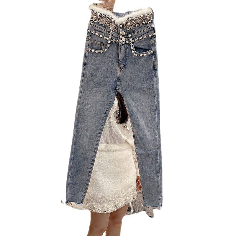 High Rise Single Breasted Jeans With Beads And Wool Stitching LittleYogaSocks
