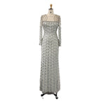 Gray long-sleeve fishtail dress with high-waist design, raglan sleeves, and lace accents VELORIA - Thread of Generations