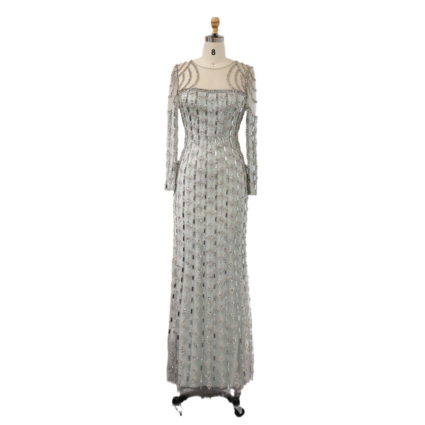 Gray long-sleeve fishtail dress with high-waist design, raglan sleeves, and lace accents VELORIA - Thread of Generations