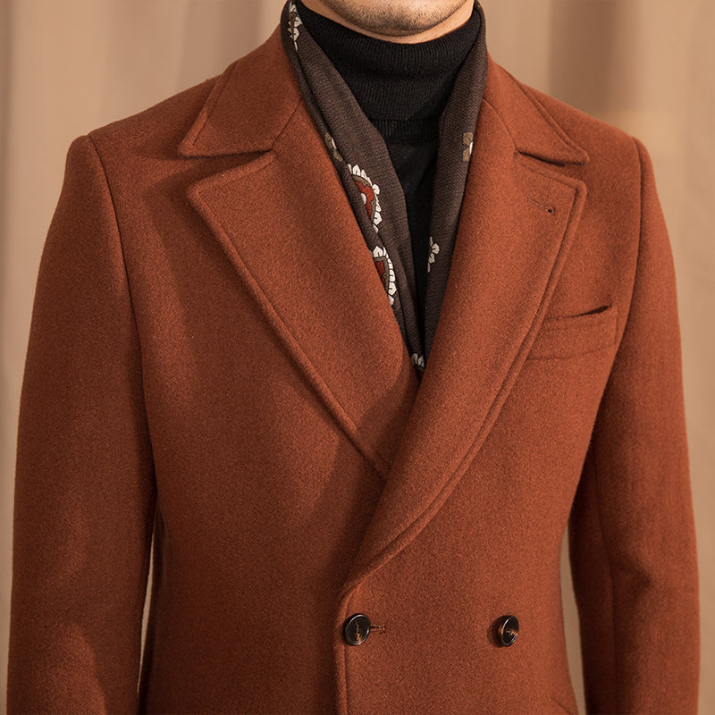 Brown coat with a textured collar against a beige background