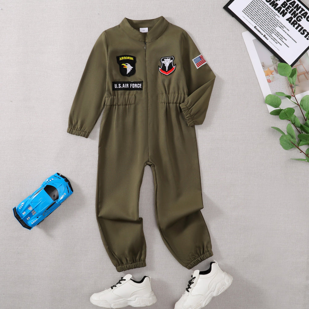 Toddler Boys Pilot Jumpsuit Army Green Long Sleeve Romper, Perfect For Birthday Party Outfits VELORIA - Thread of Generations