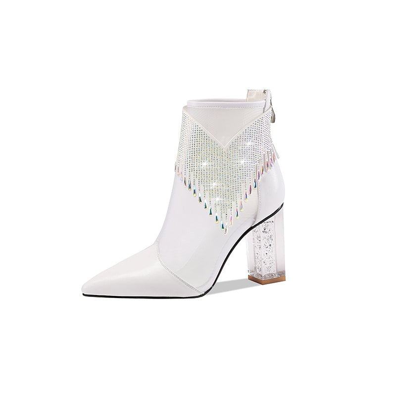 White ankle boot with rhinestone detailing on a white background