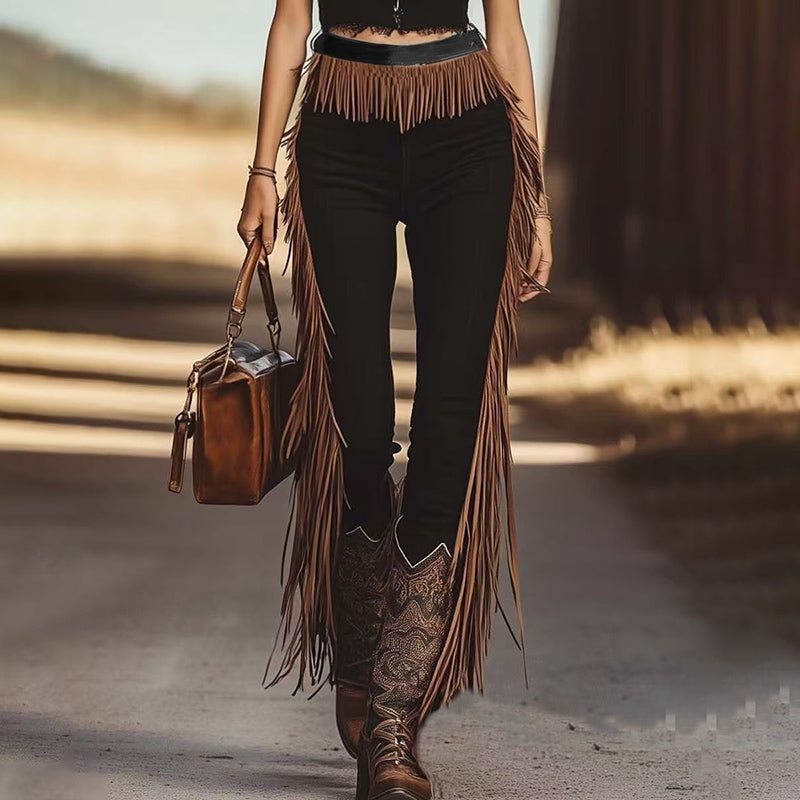 Women's Vintage Western Fringe Pants, Solid Color Slim Fit Trousers With Waist And Leg Fringe Detail LittleYogaSocks