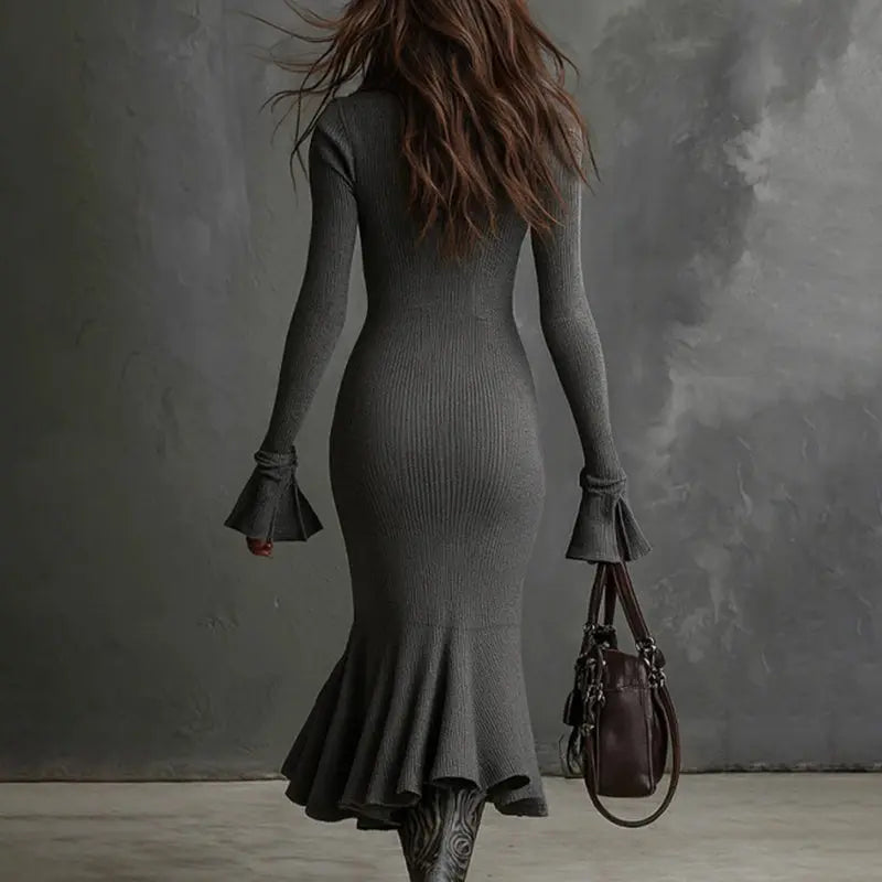 Women's Half Zip Bodycon Dress - Flared Sleeve & Fishtail Hem Long Sleeve Dress VELORIA - Thread of Generations