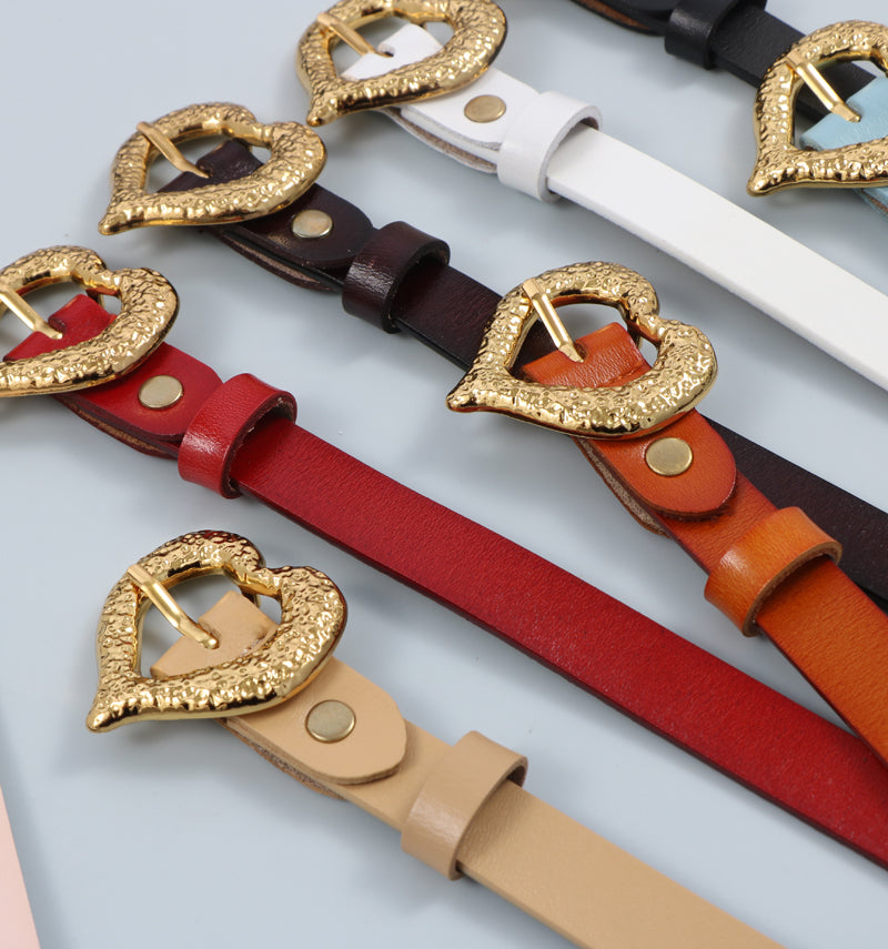 Gold Peach Heart Shape Buckle Top Layer Cowhide Leather Belt LittleYogaSocks