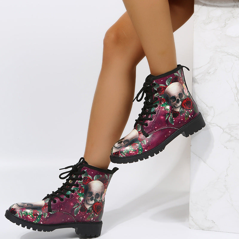 High-top Martin boots for women featuring a vibrant Halloween cartoon print. Built for durability with reliable ankle support and all-day wearability. LittleYogaSocks