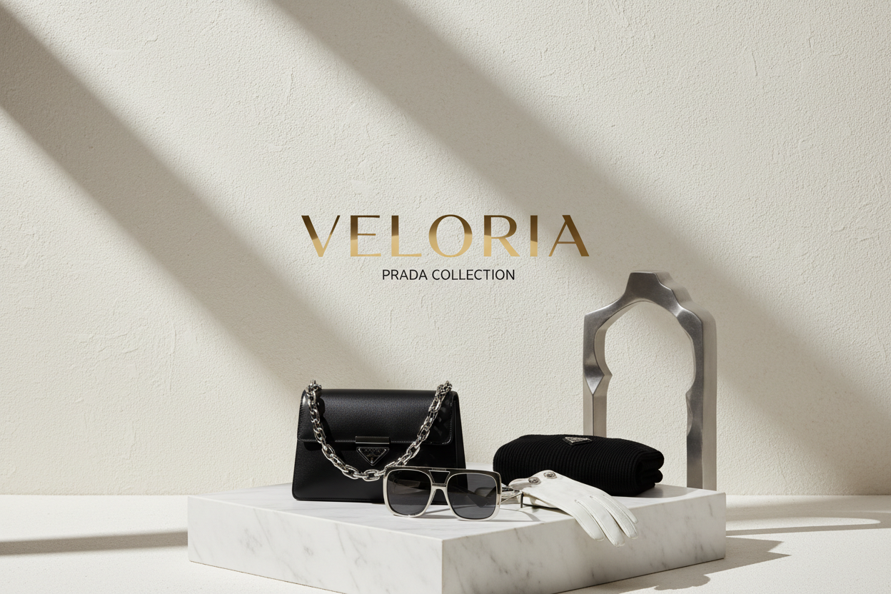 create a uxury collection page image to display the brand prada for my store name "VELORIA"